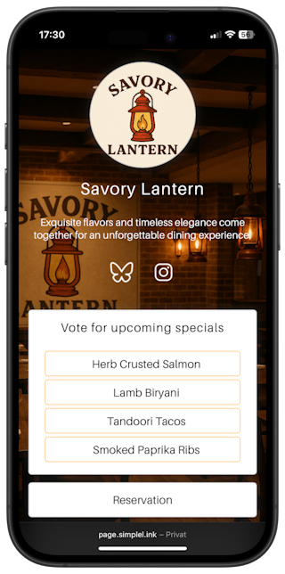 Savory Lantern's Simple Page. The Simple Page is used to show off embedding Simple Polls into a Simple Page.